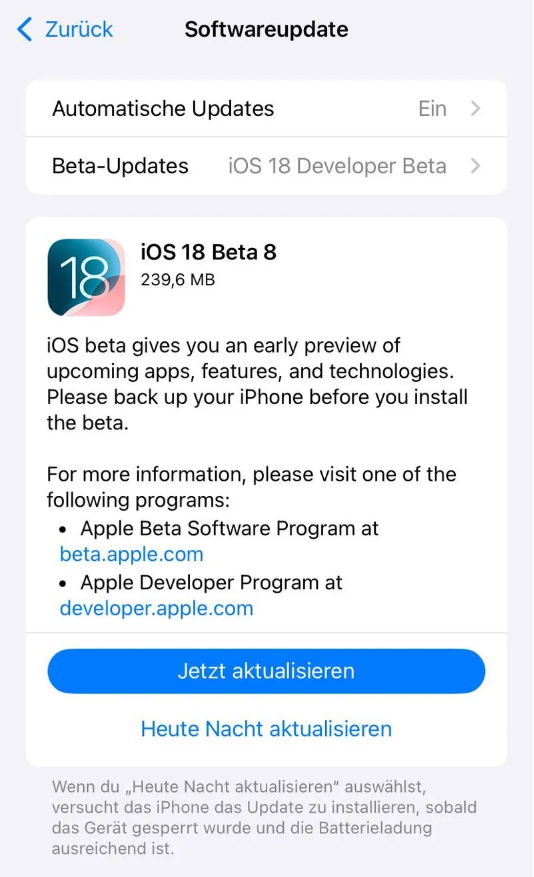 榆阳苹果手机维修分享苹果 iOS / iPadOS 18 开发者预览版 Beta 8 发布 